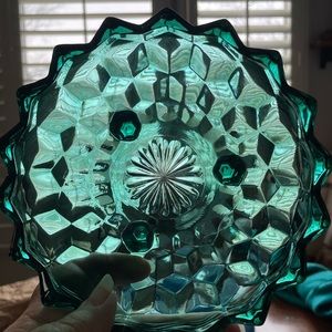 TEAL CUBIST INDIANA GLASS WHITEHALL ROUND FOOTED CANDY BON BON / TRINKET DISH